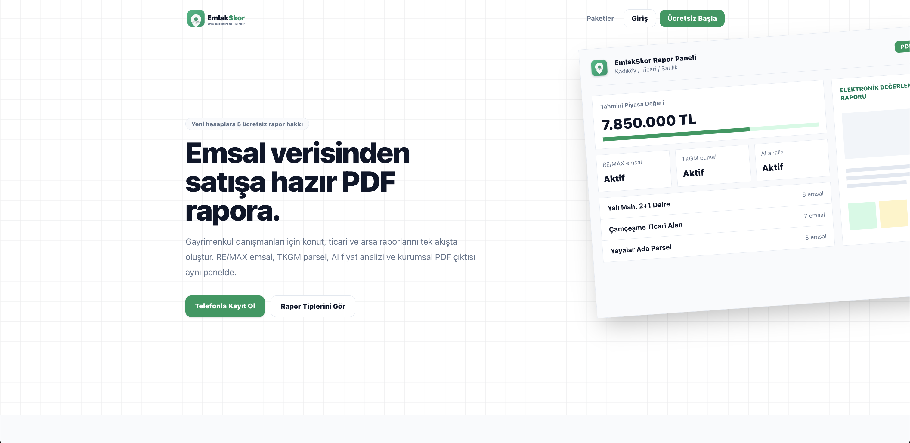 EmlakSkor property valuation and PDF reporting interface